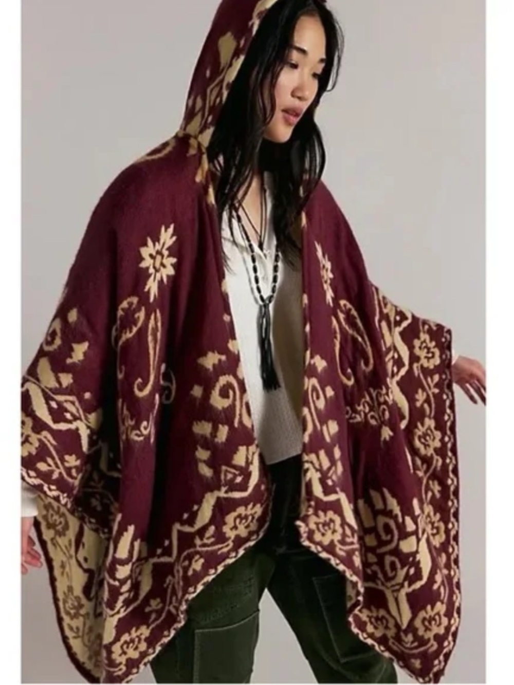 921. FREE PEOPLE Bohemian Rown Printed Hooded Duster Poncho in pink NWT OS $98